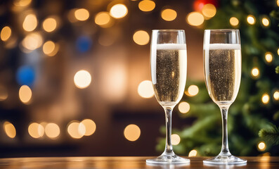 Two champagne glasses in festive Christmas ambiance