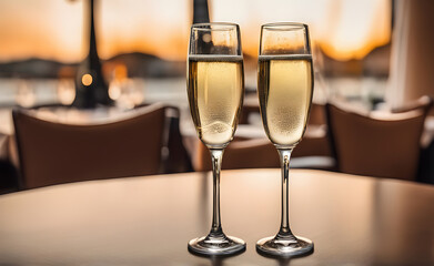 Champagne glasses on restaurant table