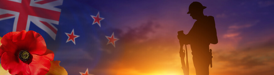 Soldier on New Zeland flag background. British Commonwealth countries holiday. 3d illustration