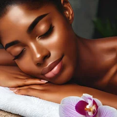 Wall murals Massage parlor Close up of a beautiful young woman relaxing at a massage parlor or spa. Lying on towel after massage treatment. Stress relief. Relaxation. Peacefully. Body massage. Tranquility. Generative AI