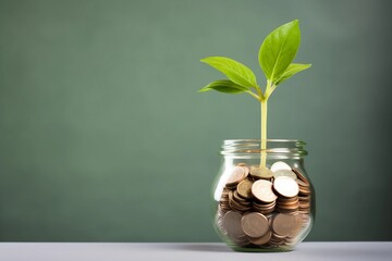 Green plant growing from a jar of coins, copy space. Money, finance, investment concept.