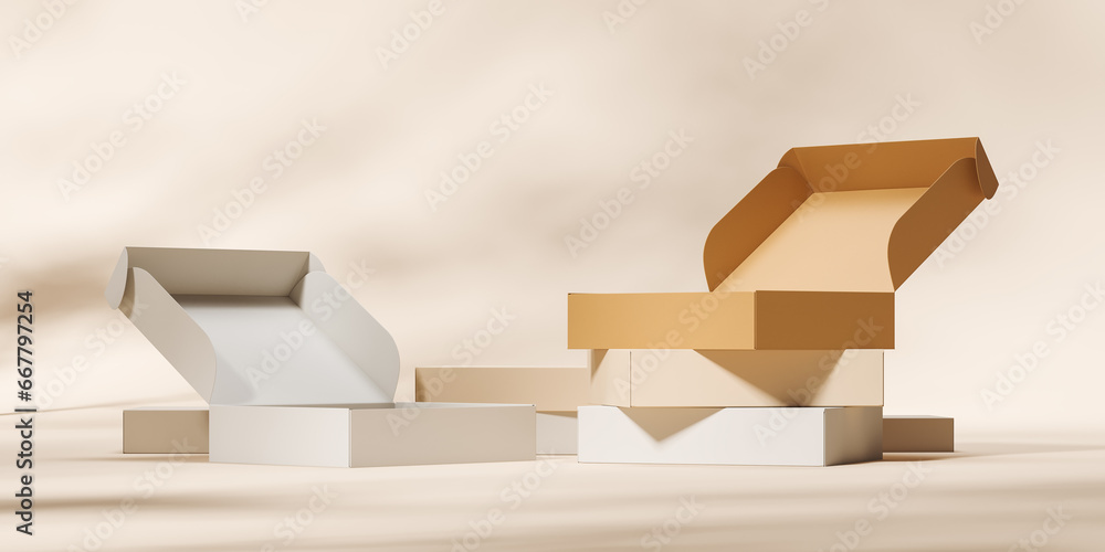 Poster cardboard open boxes on a beige background with shadows. packaging of goods for the buyer. mock up. 