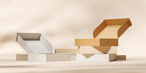 Cardboard open boxes on a beige background with shadows. Packaging of goods for the buyer. Mock up. 3d rendering
