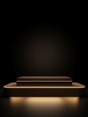 Beige LED Minimalistic Product Podium. The Stage for Product Presentation on Black Background. Geometric Platform Pedestal. Ai Generated Vertical Podium Mockup for a Product advertisement.