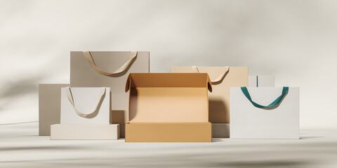 Cardboard box on a background of white paper bags. Mock up. 3d rendering - obrazy, fototapety, plakaty