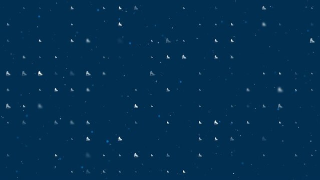 Template animation of evenly spaced womens ice skates of different sizes and opacity. Animation of transparency and size. Seamless looped 4k animation on dark blue background with stars