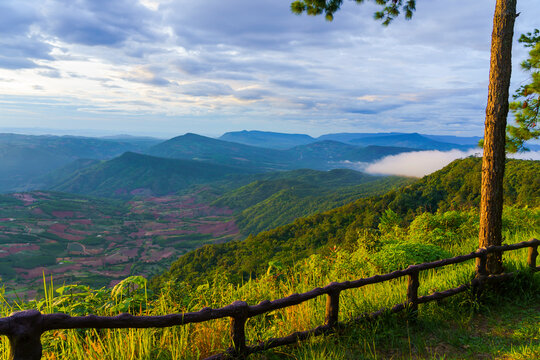 Morning sky Mountain range and fog A beautiful view at Phu Ruea National Park in Loei Province, Thailand.