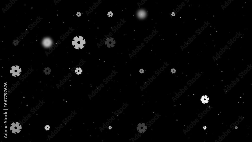 Poster template animation of evenly spaced milling disc symbols of different sizes and opacity. animation o