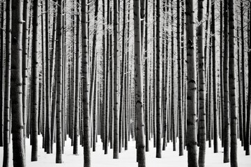 Black and White Winter Wonderland with Majestic Trees and Snowy Scenery