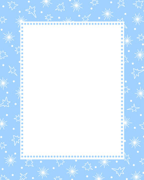 Bullet journal blank printable page, winter holidays card template cover design decorated with outline image stars and snowflakes, rectangular frame for Christmas, New Year invitations, cards