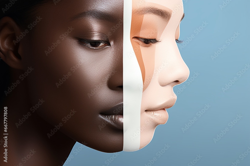 Wall mural a woman's face divided into two parts, showing indifference to skin color, anti-discrimination poste