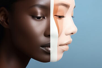 A woman's face divided into two parts, showing indifference to skin color, anti-discrimination poster concept - obrazy, fototapety, plakaty