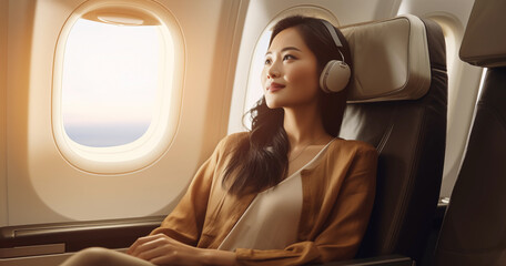 Lifestyle portrait of attractive Asian woman passenger listening to headphones on airplane long haul flight - obrazy, fototapety, plakaty