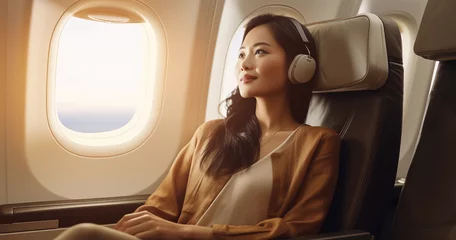Fototapeten Lifestyle portrait of attractive Asian woman passenger listening to headphones on airplane long haul flight © Elena