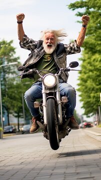Senior man enjoy driving a motorbike, wearing a leather  jacket.