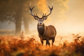 Naklejka na ściany i meble Red deer stag during rutting season in autumn forest landscape, Majestic Red Deer Cervus elaphus stag in the morning mist, UK, AI Generated
