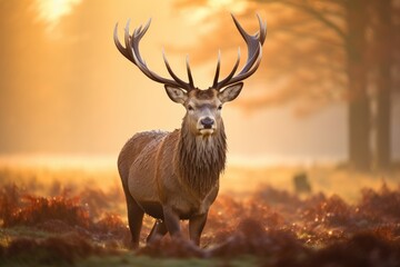 Red deer stag in morning sunlight. Fallow Deer Cervus elaphus, Majestic Red Deer Cervus elaphus stag in the morning mist, UK, AI Generated