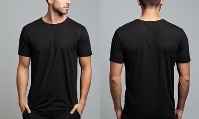 Front and back view of man in blank black t shirt isolated on grey, Male model wearing a black color Henley t-shirt on a White background, front view and back view, top section cropped, AI Generated