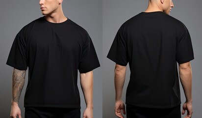 Male t shirt mockup, front, back and side view, Male model wearing a black color Henley t-shirt on a White background, front view and back view, top section cropped, AI Generated - Powered by Adobe