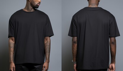 Front and back view of a man wearing a black t shirt, Male model wearing a black color Henley t-shirt on a White background, front view and back view, top section cropped, AI Generated