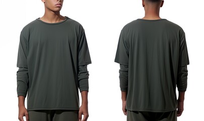 Blank green tshirt template, front and back view, isolated on white background, Male model wearing a dark ash half sleeves tshirt on a White background, front view and back view, AI Generated