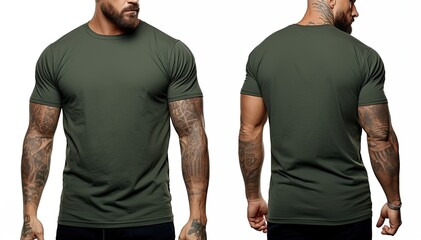 Tattooed man in a green tshirt on a white background, Male model wearing a dark ash half sleeves tshirt on a White background, front view and back view, top section cropped, AI Generated
