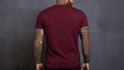 Fototapeta na wymiar Tattooed man in a red tshirt on a grey background, Male model wearing a dark maroon color VNeck tshirt on a White background, front view and back view, top section cropped, AI Generated