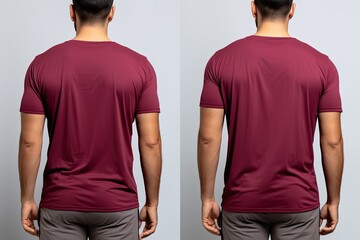 Male tshirt with blank space for your design, front and back view, Male model wearing a maroon color solid tshirt on a White background, front view and back view, top section cropped, AI Generated
