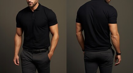Blank black polo t-shirt mockup, front and back view, Male model wearing a simple black polo tshirt on a White background, front view and back view, top section croppedped, AI Generated