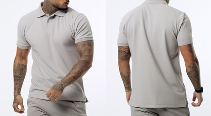 Front and back views of a man wearing a grey tshirt with tattoos, Male model wearing a simple gray ash polo shirt on a White background, front view and back view, top section croppedped, AI Generated