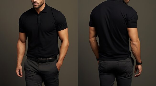 Blank black polo t-shirt mockup, front and back view, Male model wearing a simple black polo tshirt on a White background, front view and back view, top section croppedped, AI Generated