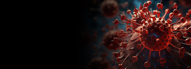Close-Up of covid-19 virus disease. banner illustration with large copy space, microscopic view of floating influenza virus cells - obrazy, fototapety, plakaty