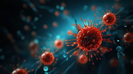 Papier Peint photo Photographie macro Close-Up of covid-19 virus disease.microscopic view of floating influenza virus cells