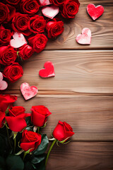 Hearts and rose petals on a wooden background. Generative AI,