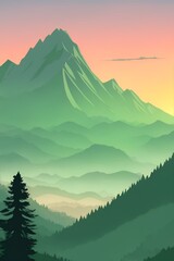 Misty mountains at sunset in green tone, vertical composition