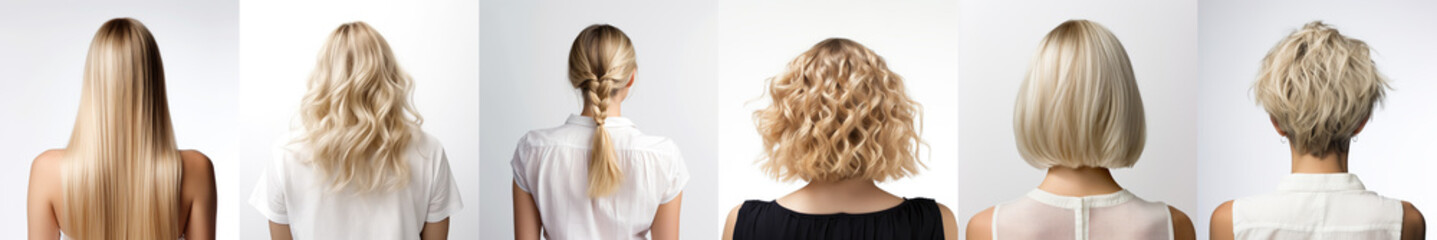 Various haircuts for woman with blonde hair - long straight, wavy, braided ponytail, small perm, bobcut and short hairs. View from behind on white background. Generative AI - obrazy, fototapety, plakaty