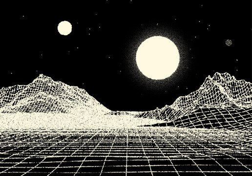 Retro dotwork landscape with 80s styled sun, grid mountains and stars background from old sci-fi book or poster.