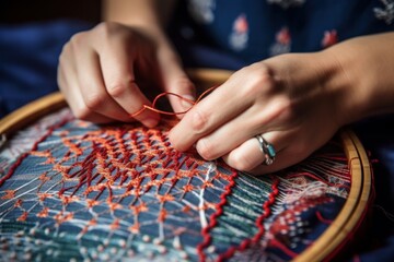 A young girl embroidering using a hoop. Close-up of girl's hands with a turquoise ring engaged in embroidery. Red threads on blue fabric. - obrazy, fototapety, plakaty