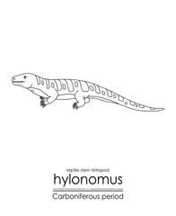 Hylonomus, the oldest reptile (stem tetrapod) without any doubt, creature from the Carboniferous Period, black and white line art illustration. Ideal for coloring and educational purposes