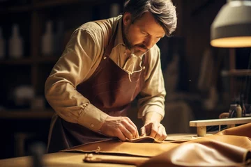 Foto op Plexiglas The leatherworker man at work. A gray-haired man with a beard and a leather apron is working with leather. The process of creating a leather product. © Anton