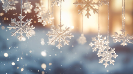Fototapeta na wymiar Beautiful decoration snowflakes against the window. Christmas concept.