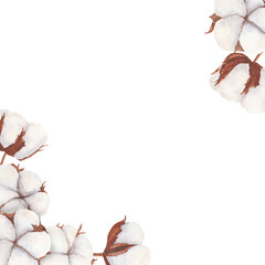 Cotton bolls watercolor illustration. Frame of hand drawn clip arts for wedding print designs, greetings, invitation, card, label. Painting in Rustic, Boho, Scandinavian style. Good for winter decor