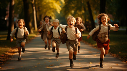 Obraz premium Children with backpacks go to school. Generative AI,
