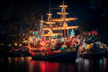 Wooden pirate ship decorated with Christmas lights at night, winter season