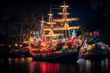 Fotobehang Wooden pirate ship decorated with Christmas lights at night, winter season © Sunshower Shots