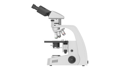 Realistic 3d illustration of a microscope. Pharmaceutical and educational tool. A magnifying tool for research. Orthogonal view on the right. Isolated on white background