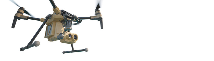 A modern aerial drone (quadcopter) with remote control, flying with an action camera. 3d illustration. Isolated on white background