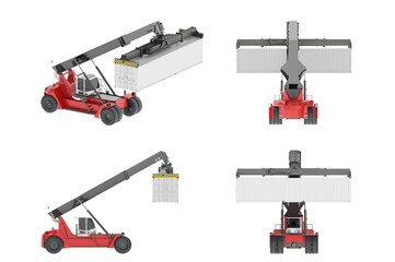 The red reach stacker (loader) lifts and loads a white sea container (ship container). 3d illustration. Isolated on white background