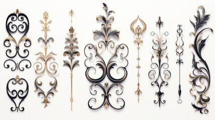 Classic 3D Metalwork Collection - Isolated Wrought Iron Decorative Pieces on White - obrazy, fototapety, plakaty