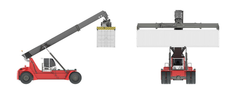 The red reach stacker (loader) lifts and loads a white sea container (ship container). 3d illustration. Isolated on white background